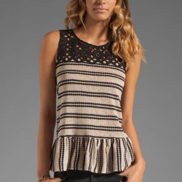 Free People Black & Tan Eyelet Striped Peplum Tank Top - Picture 1 of 8